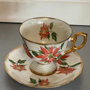 December Poinsettia Tea Cup and Saucer Iridescent Ceramic Collectable Vintage